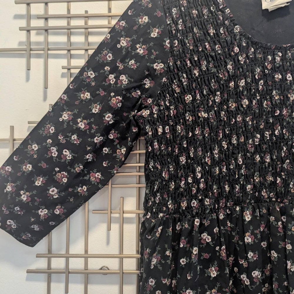 Vtg 90s Dress Black Floral Smocked Bodice Md Cottagecore Prairie Boho Romantic - Picture 4 of 10